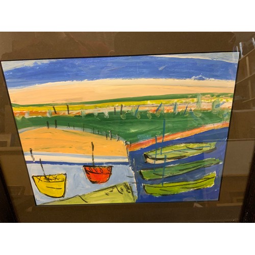 98 - British Modern school, a set of seven abstract compositions, with boats, oil on paper, 20cm x 26cm, ... 