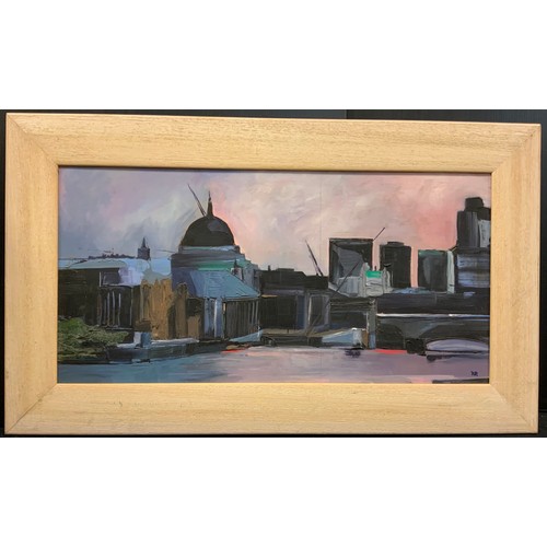 104 - Modern British school, London, Abstracted skyline, signed with monogram R. R., oil on board, 29.5cm ... 