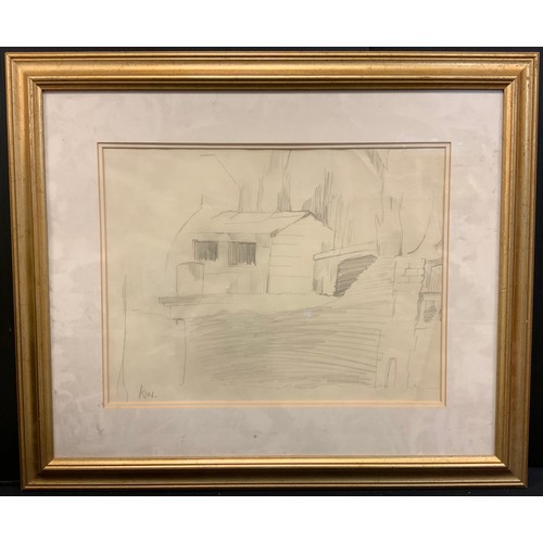 150 - A sketch, 20th century, Welsh cottage, signed with monogram KW, pencil, 30cm x 39cm.