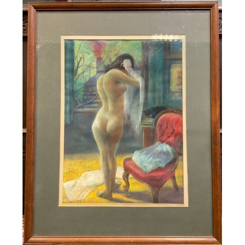 151 - H. James, 'Young lady dressing, early morning', signed, pastel, 50.5cm x 36cm.