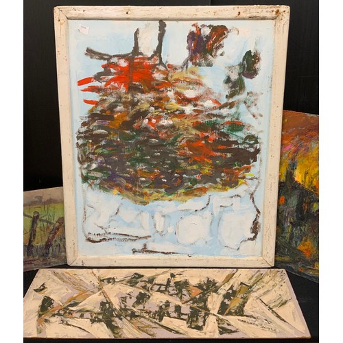 154 - Barbara Doyle, 'Rawflug' abstract painting, signed and titled to verso, oil on board, 50.5cm x 40.5c... 