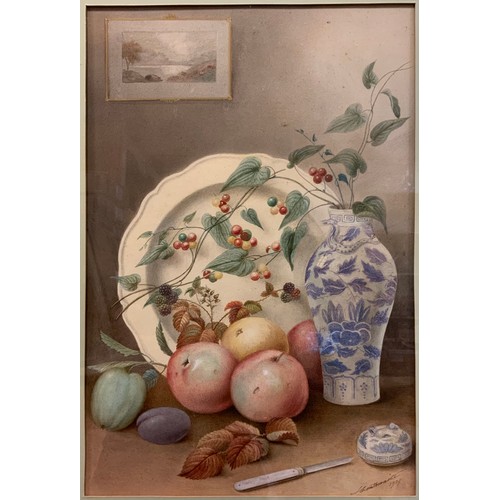 155 - H. Thwaite, Still life with fruit and a blue and white vase, signed, dated 1929, watercolour, 46cm x... 