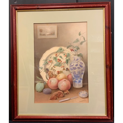 155 - H. Thwaite, Still life with fruit and a blue and white vase, signed, dated 1929, watercolour, 46cm x... 