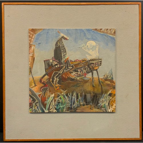 159 - D. Noble, Surrealist school, 'Riderless Horse', signed, oil on board, label with title to verso, 18c... 