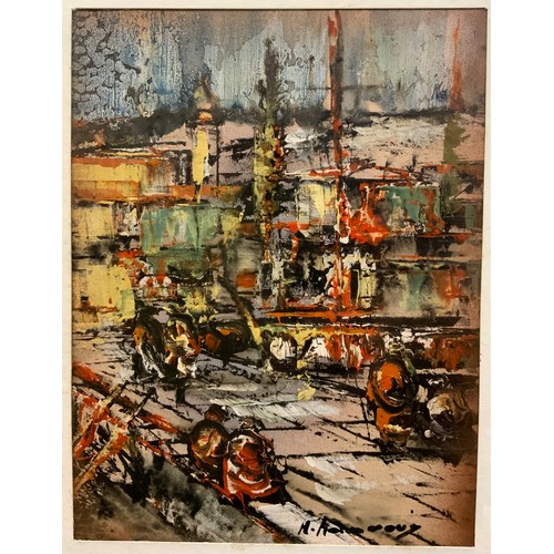 162 - Mid 20th century Abstract school, composition with figures on a quay, indistinctly signed, oil on pa... 