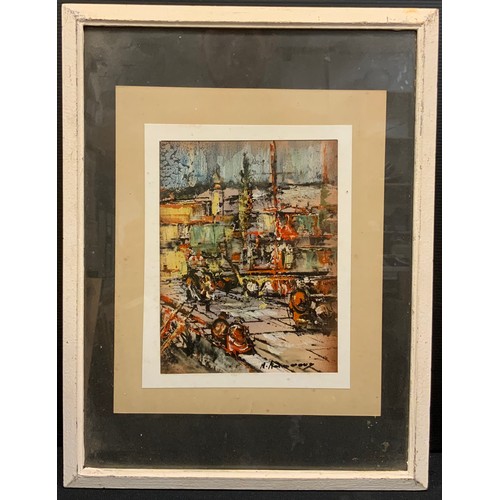 162 - Mid 20th century Abstract school, composition with figures on a quay, indistinctly signed, oil on pa... 