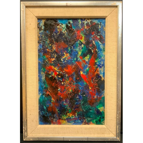 172 - British modern school, 'Action painting, Abstract composition', oil on board, 34cm x 22cm.