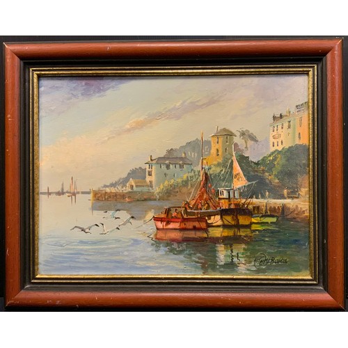 173 - Terry Burke (1927-2018)
Brixham Harbour 
signed, oil on board, 29cm x 59cm; two others 
Harbour, oil... 