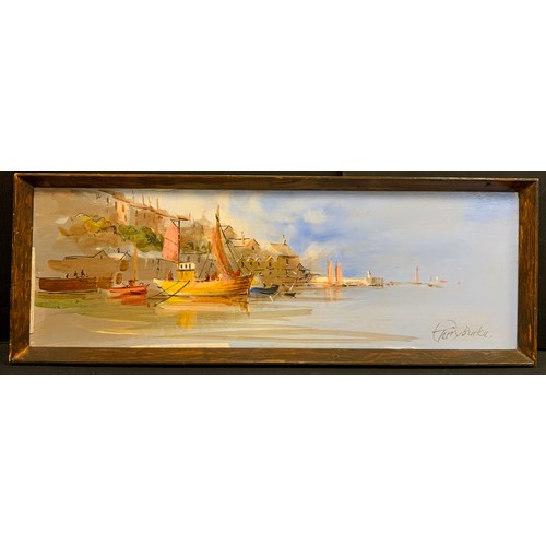 173 - Terry Burke (1927-2018)
Brixham Harbour 
signed, oil on board, 29cm x 59cm; two others 
Harbour, oil... 