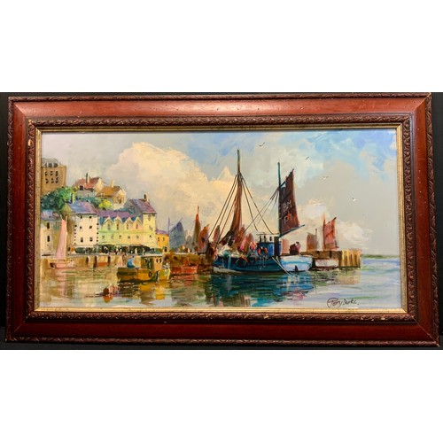 173 - Terry Burke (1927-2018)
Brixham Harbour 
signed, oil on board, 29cm x 59cm; two others 
Harbour, oil... 