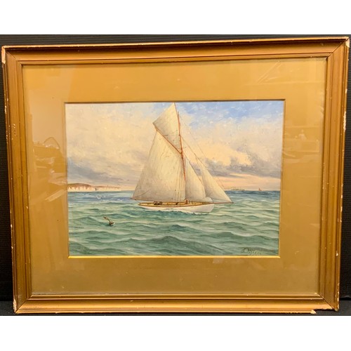 174 - G. Wilson, Racing Yacht off the White Cliffs, signed, oil on board, 22cm x 29cm.