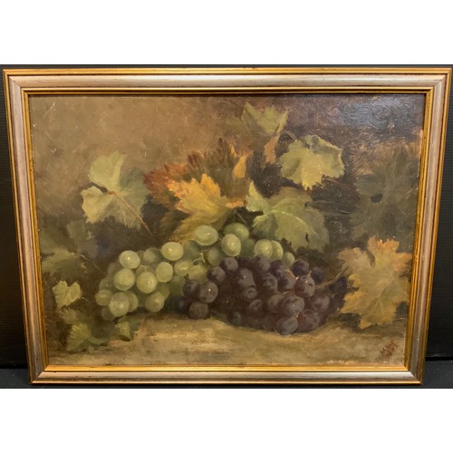 176 - English school, 19th century, Grapes, signed M. W. dated 1892, oil on canvas, 30.5cm x 40.5cm.