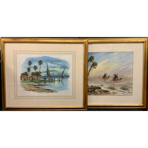 177 - Continental school, a pair, Nile and desert scenes, indistinctly signed, watercolours, 31cm x 40.5cm... 