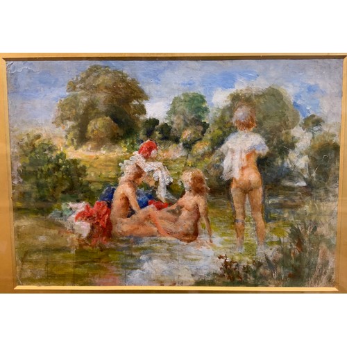 179 - English school, in the manner of the Bloomsbury artists, 'The young bathers', oil on board, 26cm x 3... 