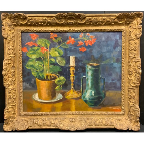 181 - Viktor Westerlund, Still life - Geraniums, Candlestick, and a twin-handled vase, signed, oil on boar... 