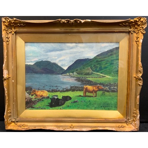 215 - W. H. Allen, Highland Cattle by Loch Sunart, Argyll, signed, oil on board, titled label to verso, 19... 