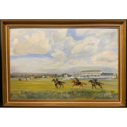 217 - H. S. Buxton, Running out, Epsom Downs, signed, oil on board, 49cm x 76cm.