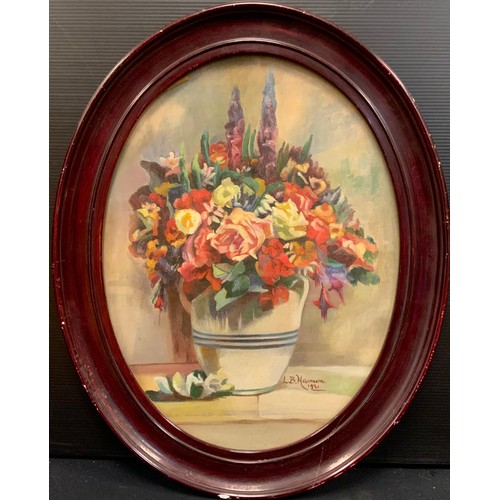 224 - L. B. Hannon, A Vase of Summer flowers, signed, dated 1921, oil on board, 26cm x 33.5cm oval.