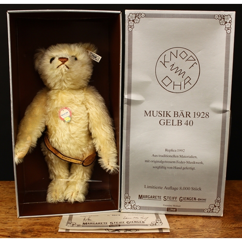 3247 - Steiff (Germany) EAN 407482 Musical yellow 40 1928 replica teddy bear, trademark Steiff button to ea... 