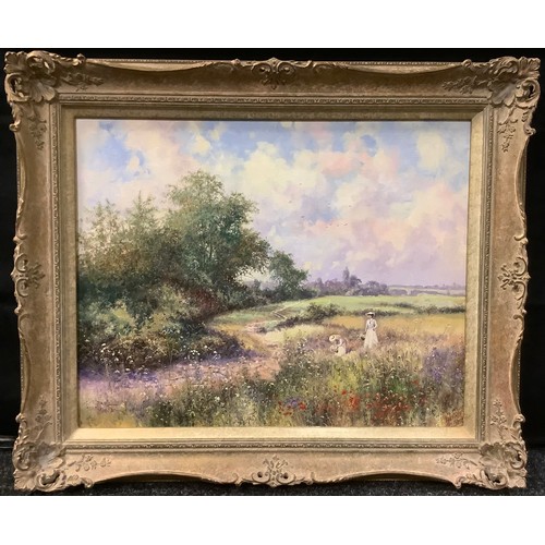 221A - Paul Morgan, Path across the fields, signed, oil on board, 39cm x 49cm.