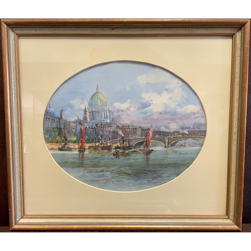 200A - Michael Crawley,
River Thames, St. Pauls,
signed, watercolour, 35cm x 28cm oval.