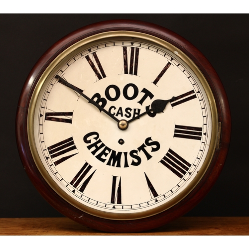 3339 - Advertising - a Victorian mahogany circular wall clock, 29cm circular enamel dial inscribed 'BOOTS C... 