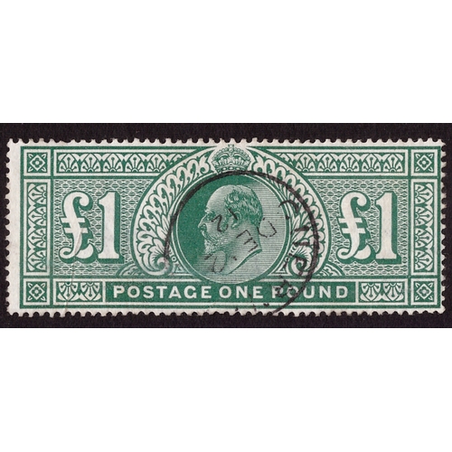 3397 - Stamps - EVII 1911 £1 DP green SG: 320 cat £750 f/v, single steel circle CDS DE.12.1912