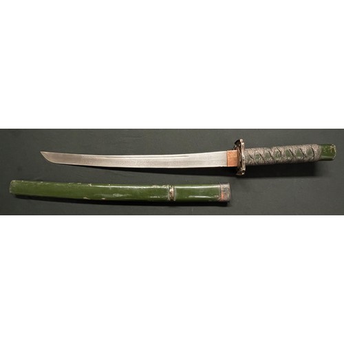 2073 - Japanese Wakizashi Sword with 415mm long single edged blade. Tsuba with Dragon decoration. Green pai... 