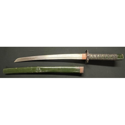 2073 - Japanese Wakizashi Sword with 415mm long single edged blade. Tsuba with Dragon decoration. Green pai... 