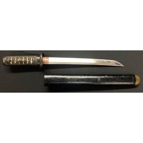 2074 - Japanese Wakizashi Sword with single edged blade 267mm in length. Good clear hamon line present. Pla... 