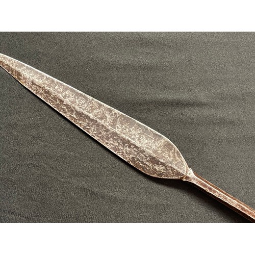 2078 - Zulu Assegai Spear with typical two colour brown and black wood haft with carved butt end. Squared m... 