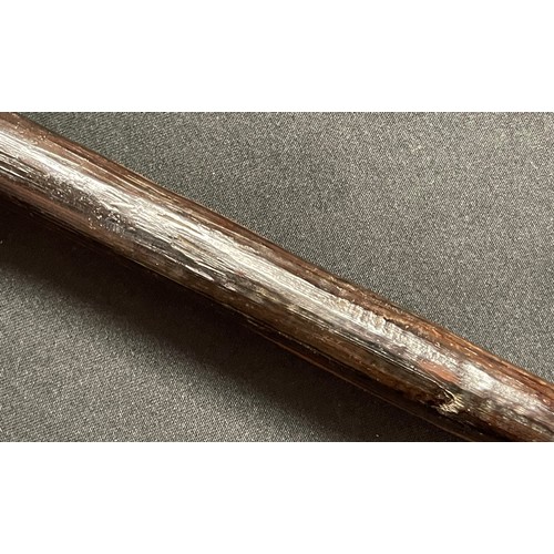 2078 - Zulu Assegai Spear with typical two colour brown and black wood haft with carved butt end. Squared m... 