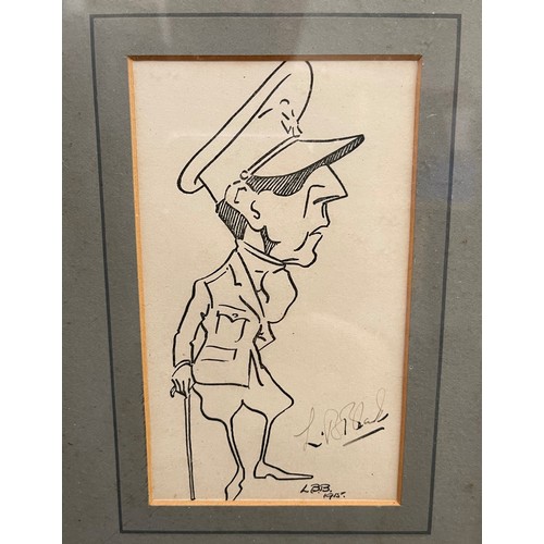 2092 - WW1 British framed caricature ink sketch cartoon of a British Officer, signed 