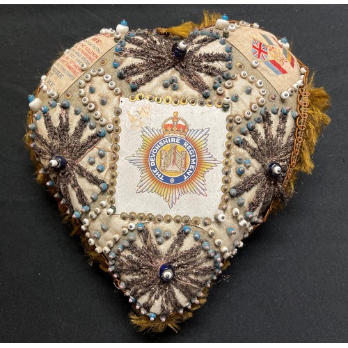 2102 - WW1 British Sweetheart Pin Cushion Devonshire Regt, size approx. 18cm x 18cm: Embroidered and painte... 