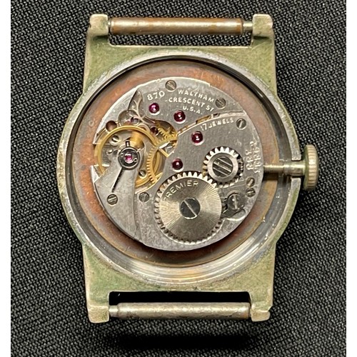 2106 - WW1 US Army issue wristwatch by Waltham. White enamel dial with Arabic numerals and separate seconds... 