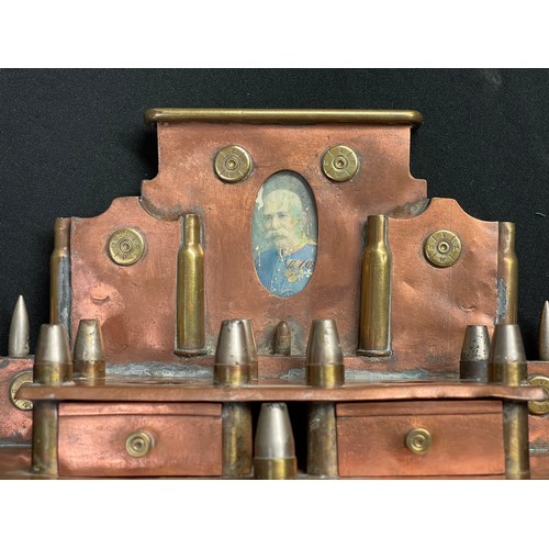 2118 - WW1 Austro-Hungarian Trench Art Desk Set. Made from copper sheet and inset with an oval colour portr... 