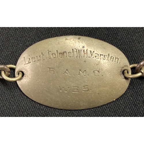 2136 - WW2 British Identity Bracelet engraved to Lieut. Colonel WH Marston, RAMC, Wes. Silver plated with m... 