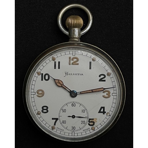 2144 - WW2 British General Service Trade Pattern Pocket Watch by Helvetia, white enamel dial with Arabic nu... 