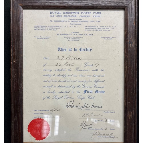 2151 - WW2 British Ephemera collection comprising of: Framed Royal Observer Corps Examination Certificates ... 