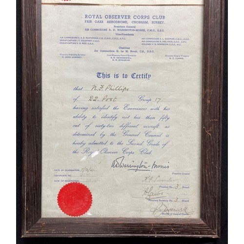 2151 - WW2 British Ephemera collection comprising of: Framed Royal Observer Corps Examination Certificates ... 