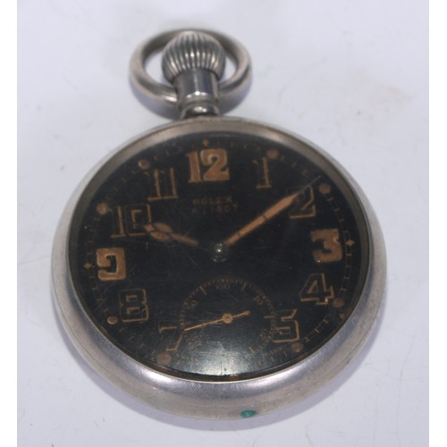 2165 - WW2 British Rolex pocket watch. Black dial with Arabic numerals, separate seconds dial. Marked Rolex... 