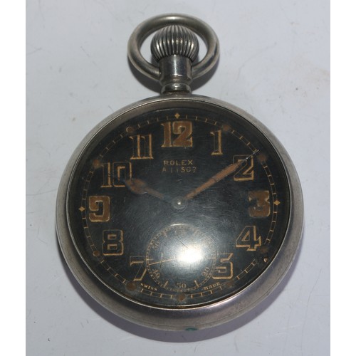 2165 - WW2 British Rolex pocket watch. Black dial with Arabic numerals, separate seconds dial. Marked Rolex... 