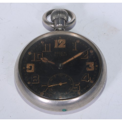 2165 - WW2 British Rolex pocket watch. Black dial with Arabic numerals, separate seconds dial. Marked Rolex... 