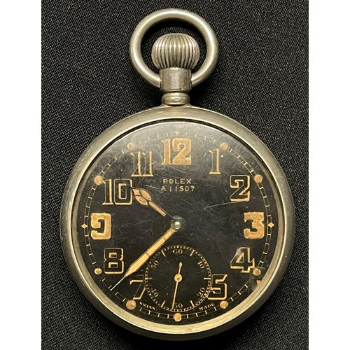 2165 - WW2 British Rolex pocket watch. Black dial with Arabic numerals, separate seconds dial. Marked Rolex... 