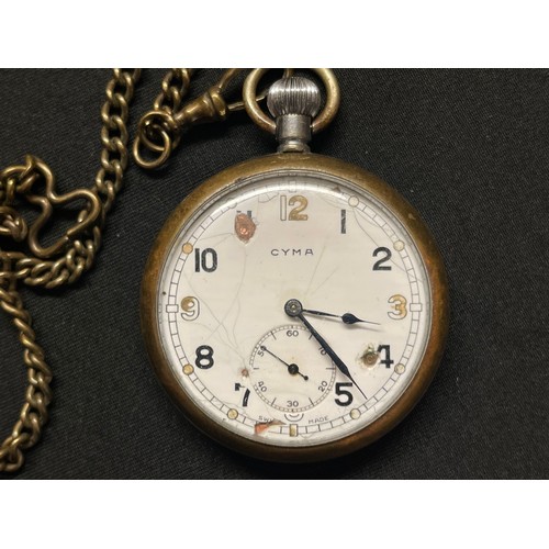 2184 - WW2 British GSTP General Service Trade Pattern Pocket Watch by Cyma. White enamel dial with Arabic N... 