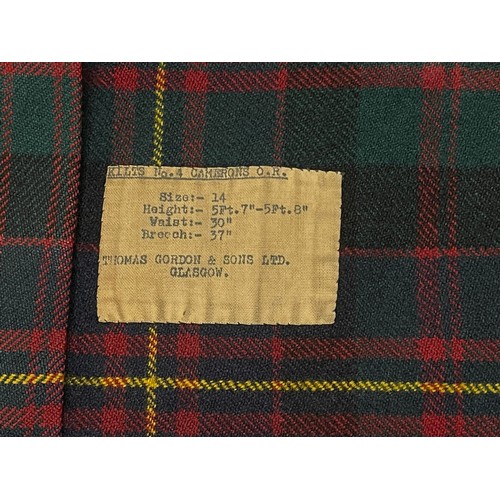 2188 - British Kilt No.4 Camerons, Other Ranks and Active Service Half Khaki Cover. Kilt has makers label f... 