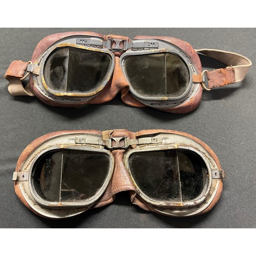 2198 - WW2 British RAF Mk VIII Flying Goggles x 2. One pair with strap named to 