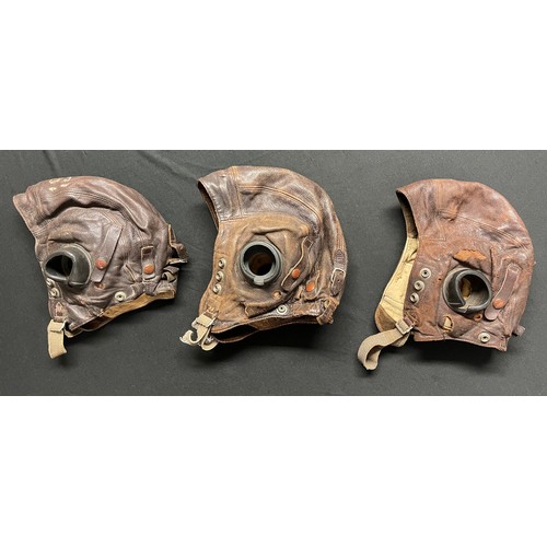 2204 - WW2 British RAF C Type Leather Flying Helmets x 3. One has a white painted number 19 on the crown. (... 