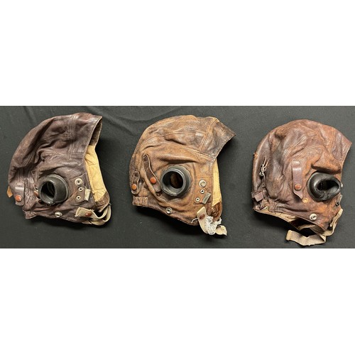 2204 - WW2 British RAF C Type Leather Flying Helmets x 3. One has a white painted number 19 on the crown. (... 