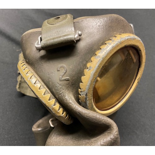 2216 - WW2 Third Reich Wehrmacht Heer Gas Mask Tin and Gas Mask. Both have tropical tan yellow over paint o... 